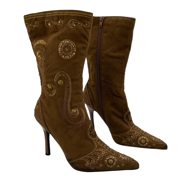 Anne Michelle Shoes - Anne Michelle Brown Suede Milano Beaded And Sequin Heeled Boots Size 9